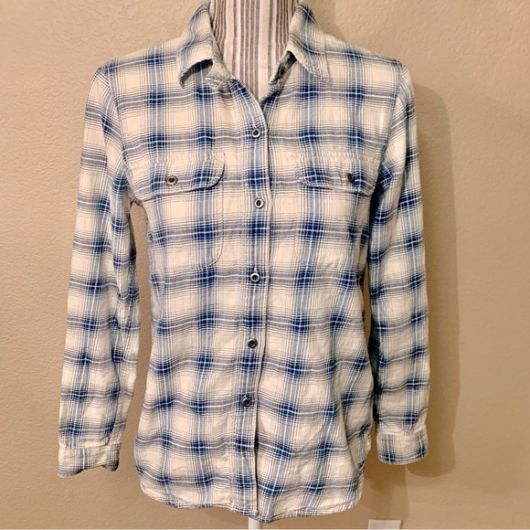 Madewell Shirt XS 100% Cotton Long-Sleeve Button-Up White Blue Plaid Comfy - Picture 1 of 16